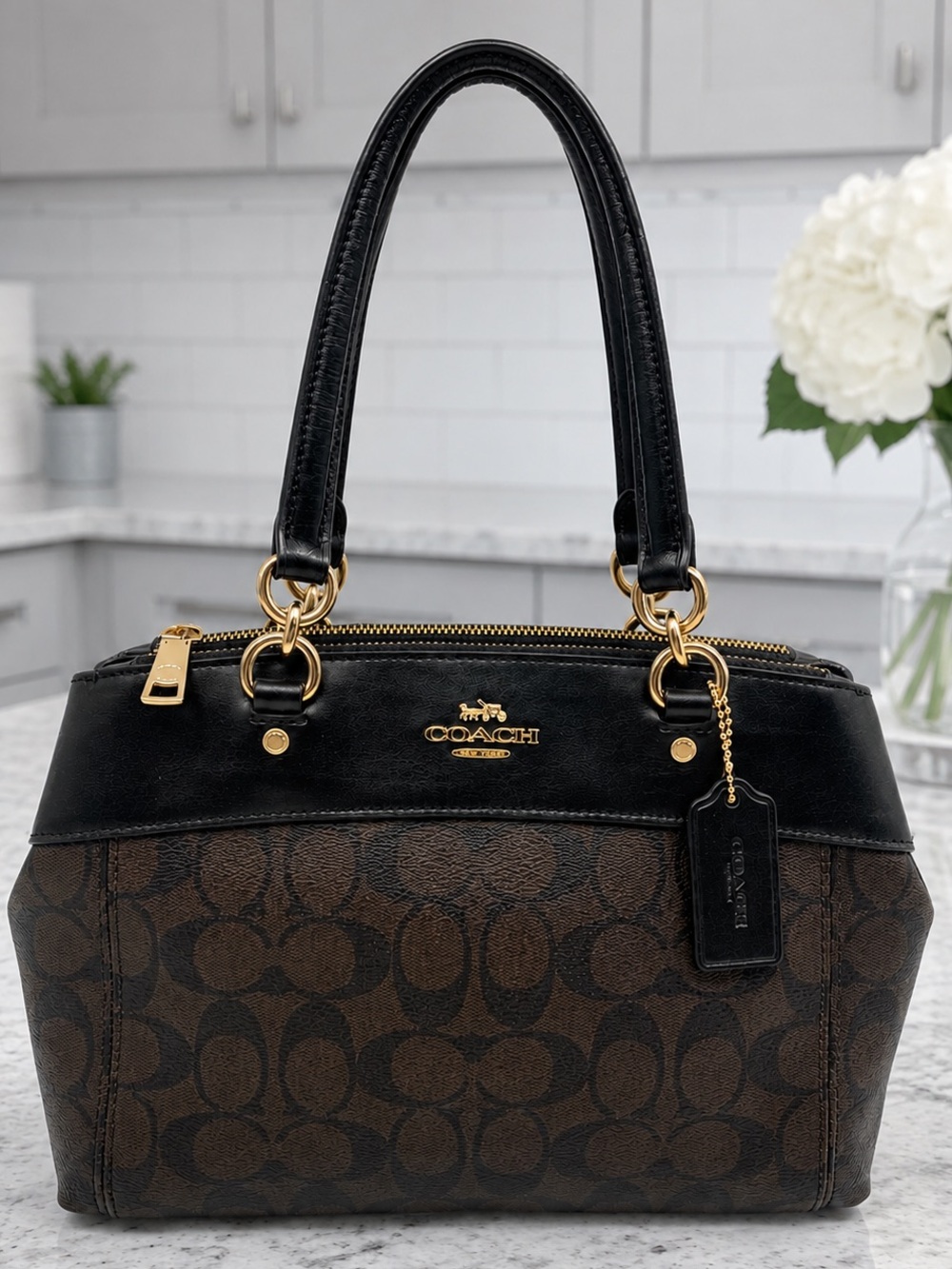 Coach Mini Brooke Carryall Signature Brown Black Leather Satchel Shoulder Bag